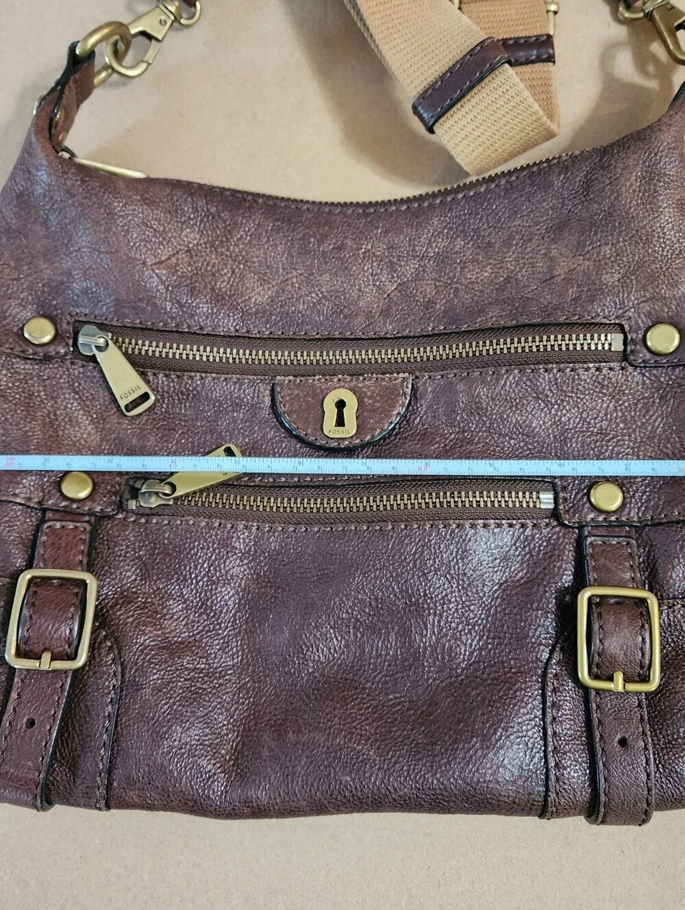 Fossil Brown Leather Messenger Crossbody Satchel Pebbled Multi Pocket Bag Y2K Lg